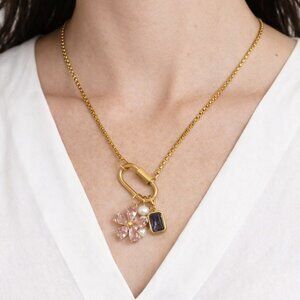 18K Gold Plated Chain with Flower,Pearl and Gem Pendants Stainless Steel